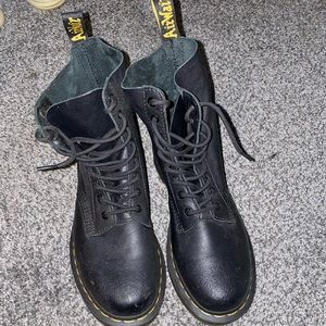 Dr. Martens Black Leather Lace-Up Combat Boots with Yellow Stitching